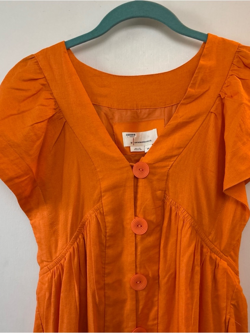 Anthropologie The Renee Linen Midi Orange Dress Button Front Flutter Sleeve S - Picture 3 of 8